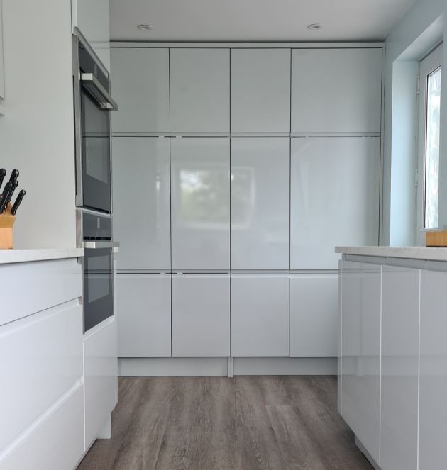 white gloss gallery kitchen designed and installed by Leger Interiors in York